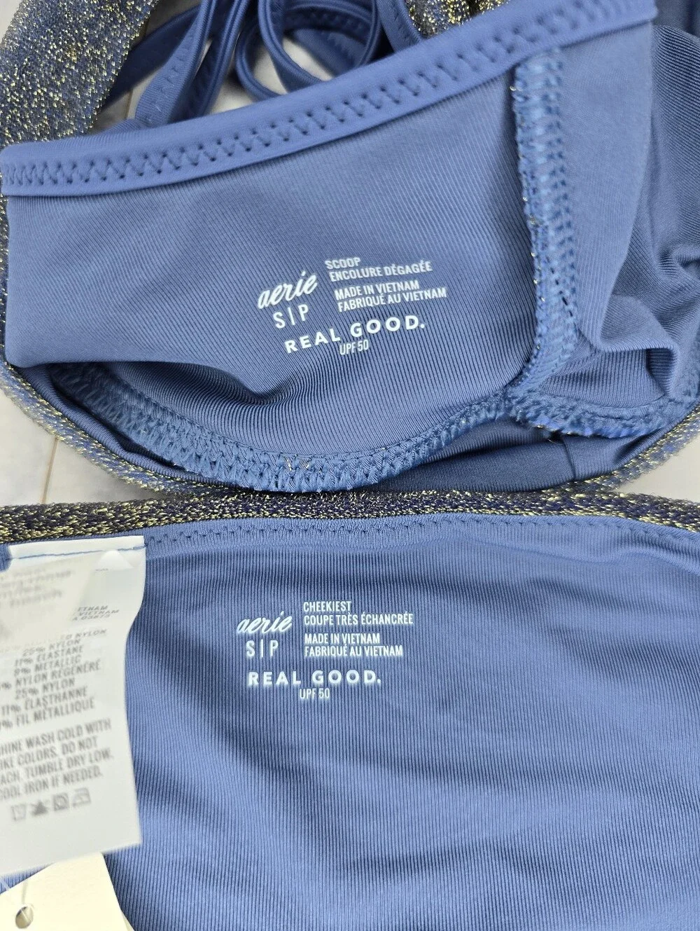 aerie Sparkle Blue Bikini Set Straight Scoop Top Cheekiest Bottoms Small